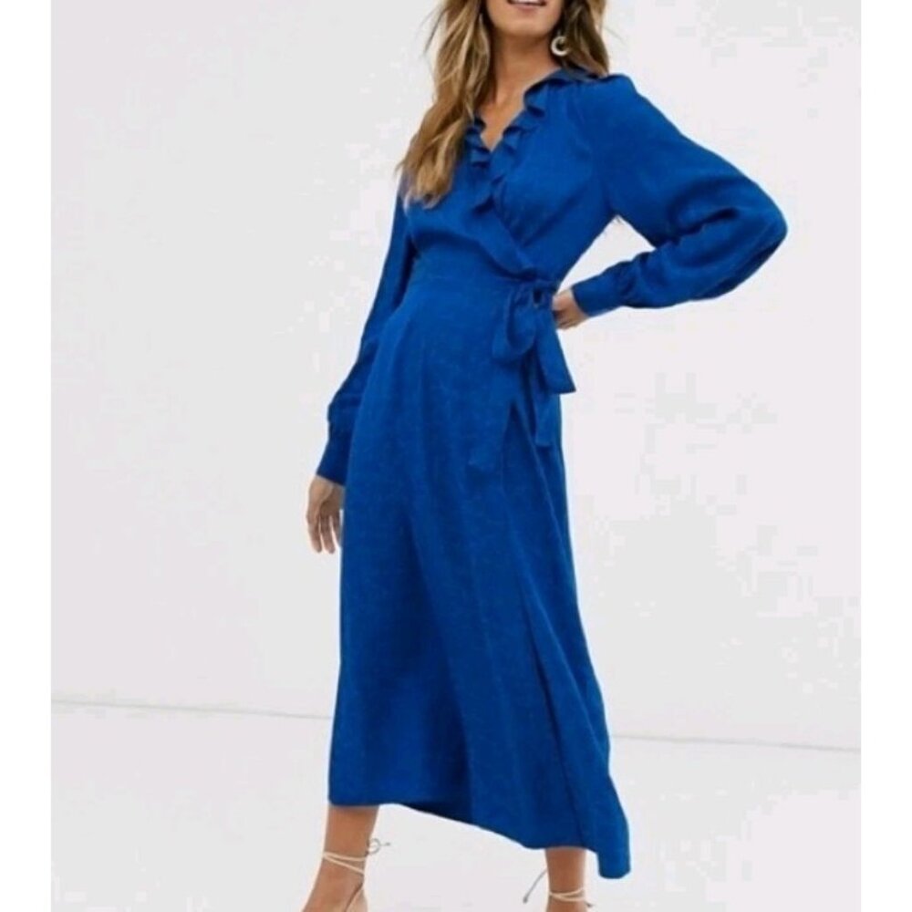 & Other Stories Royal Blue Jacquard Maxi Wrap Dress Balloons Sleeve Floral Sz 4